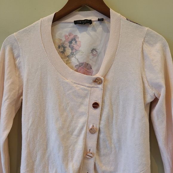 Ted Baker Womens Floral Knit Cardigan Sweater Pink Size 1 Asymmetrical Designer - Picture 2 of 10